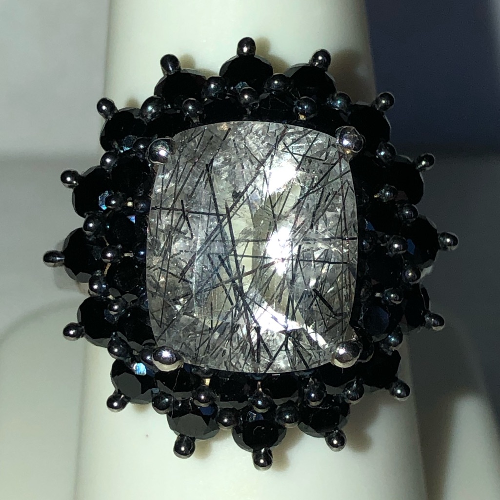 Black Tourmalinated Needle Quartz & Black Spinel Gemstones (15.28 Cts) Ring